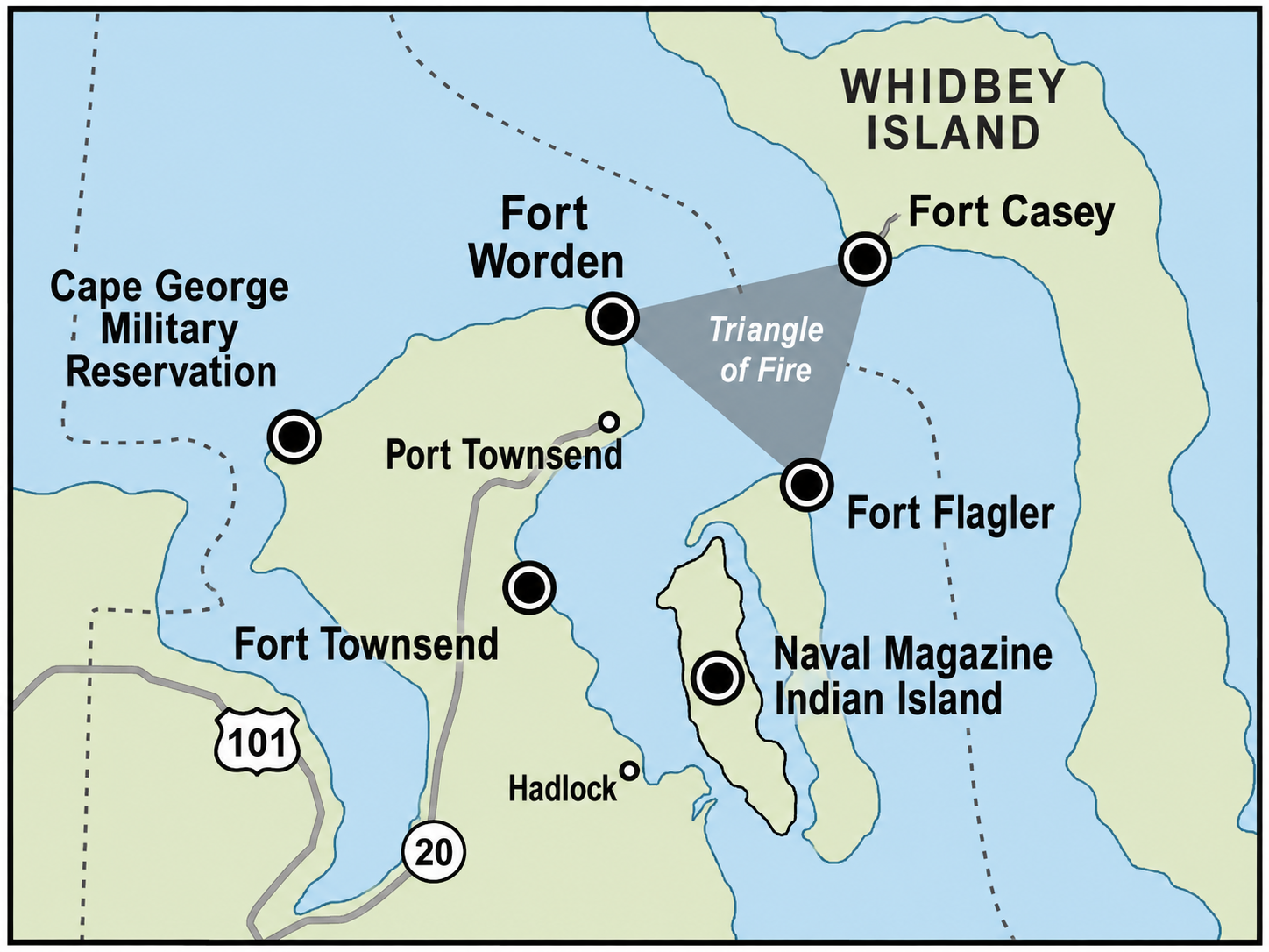Map showing Fort Worden, Fort Casey, and Fort Flagler forming the Triangle of Fire around Admiralty Inlet