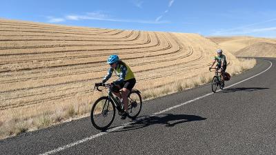 Two riders travel along golden fields of harvested wheat, against a blue sky